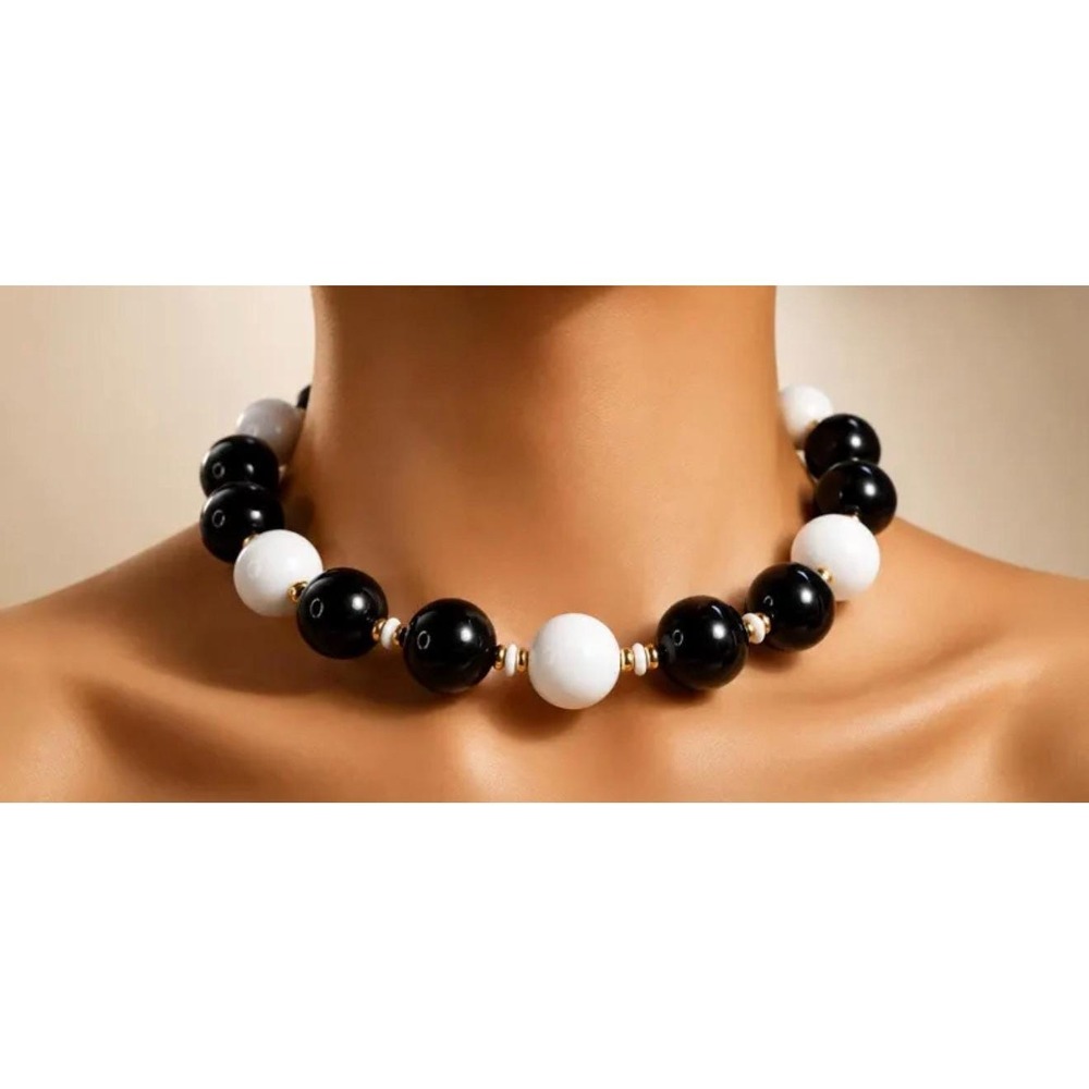 Vtg Monet Chunky Bead Choker Necklace Black White Gold Tone Spacers 16" Boho